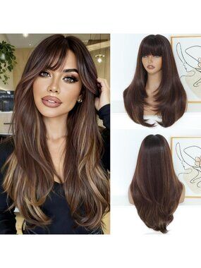 Layered 26" Brown Wavy Wig with Bangs | Heat-Resistant Synthetic Hair for Daily